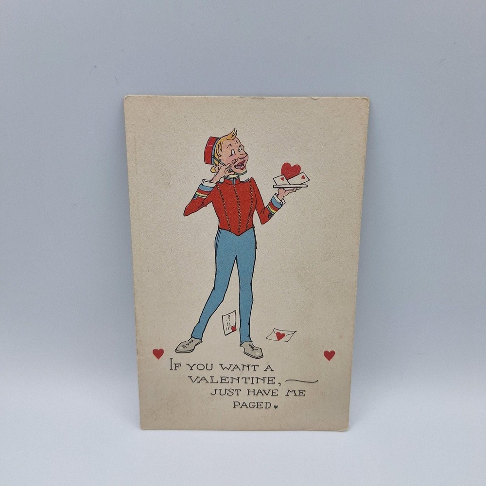 Vintage Valentine Postcard Funny Bellboy Illustration USA Made Hearts Paged
